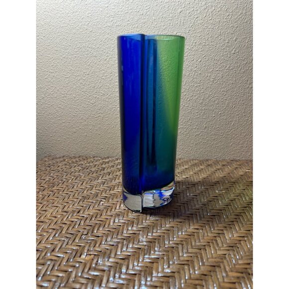 BOHEMIAN Blown Glass Blue Green Vase Made in Czech Republic 10”x4”